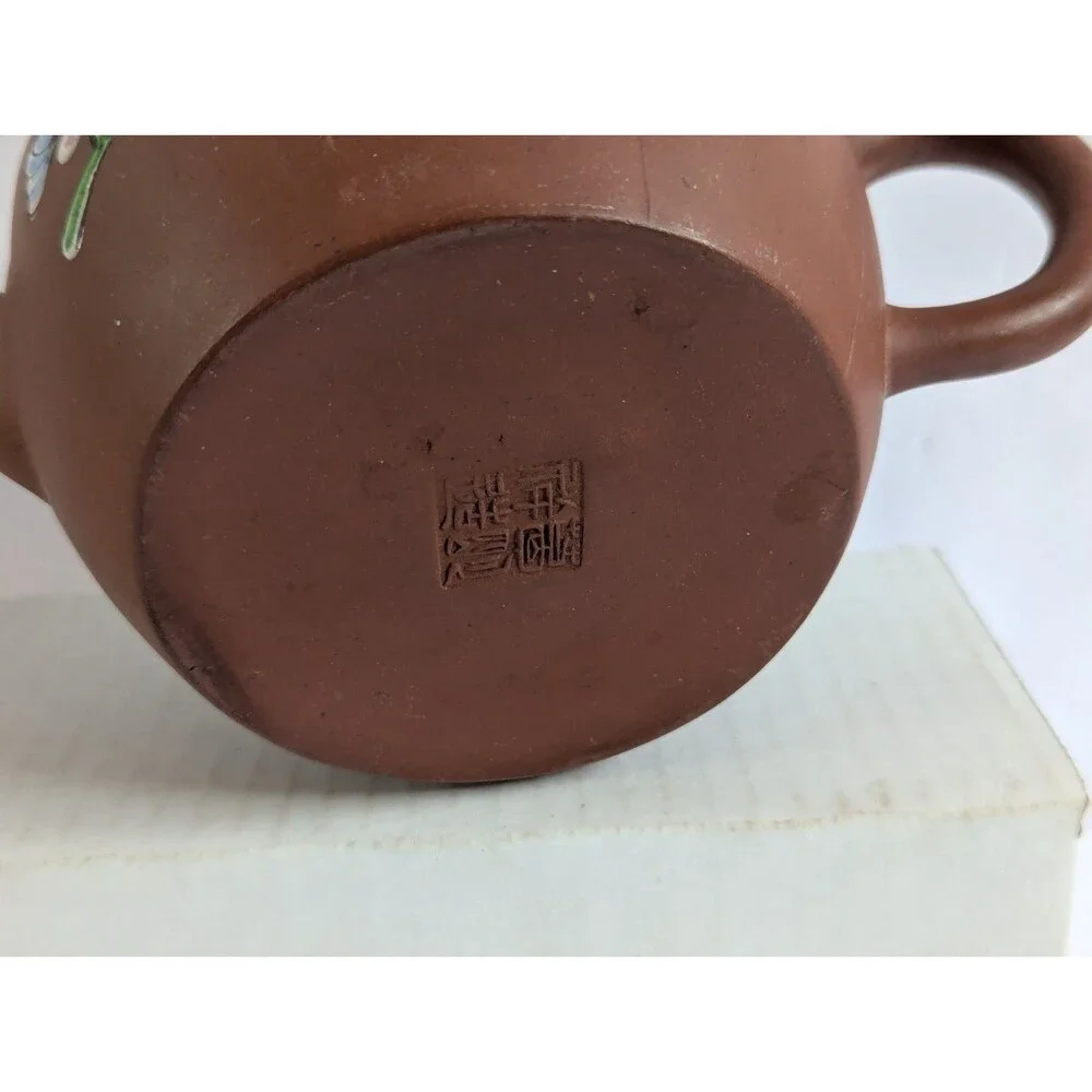 Vtg Yixing Zisha Clay Teapot W/ Enamel Floral & Bird Design 5